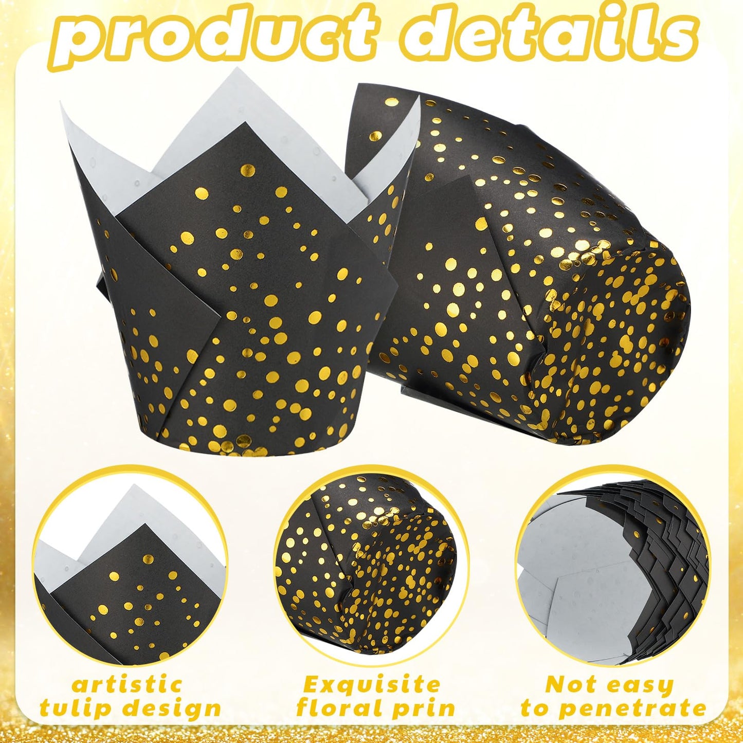 Gerrii 200 Pcs Black Gold Dot Tulip Cupcake Liners Graduation Mini Paper Baking Cups Cupcake Wrappers Muffin Liners for Wedding Tea Party Bridal Baby Shower Decoration