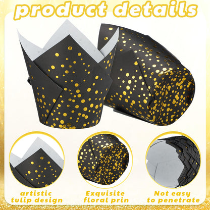 Gerrii 200 Pcs Black Gold Dot Tulip Cupcake Liners Graduation Mini Paper Baking Cups Cupcake Wrappers Muffin Liners for Wedding Tea Party Bridal Baby Shower Decoration