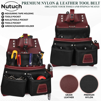NUTUCH Nylon and Leather Tool Belt | Nylon Tool Pouch | Carpenter Tool Belt | Construction | Framers | Electrician Tool Belts | Drywall Tool Bags | Handyman | Electric (BLACK)