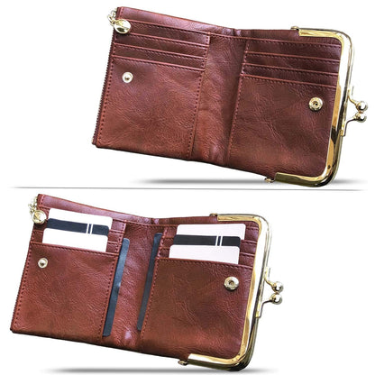 PofeeXIO Womens Wallet RFID Small Compact Bifold Leather Vintage Wallet,Ladies Coin Purse with Zipper and Kiss Lock (Brown)