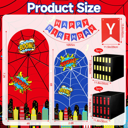 Outus 48 Pcs Spider Web Arch Backdrop Cover Balloons Skyscraper City Boxes Set 7.2ft/6ft Birthday Party Decorations for Photo Props Indoor Outdoor Cosplay Wedding Baby Shower Halloween Backdrop Decor