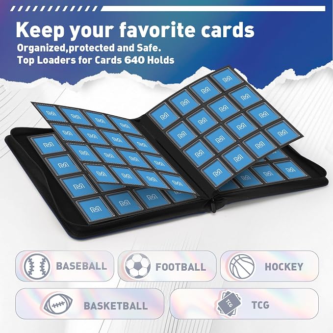 16 Pocket Toploader Binder,Holds 640 TopLoaders,Top Loader Binder for 3" x 4"Rigid Cards,Sleeves Card Collection Binder,20 Double Sided Pages,Compatible with Trading & Sports Holder (16Dark Blue)