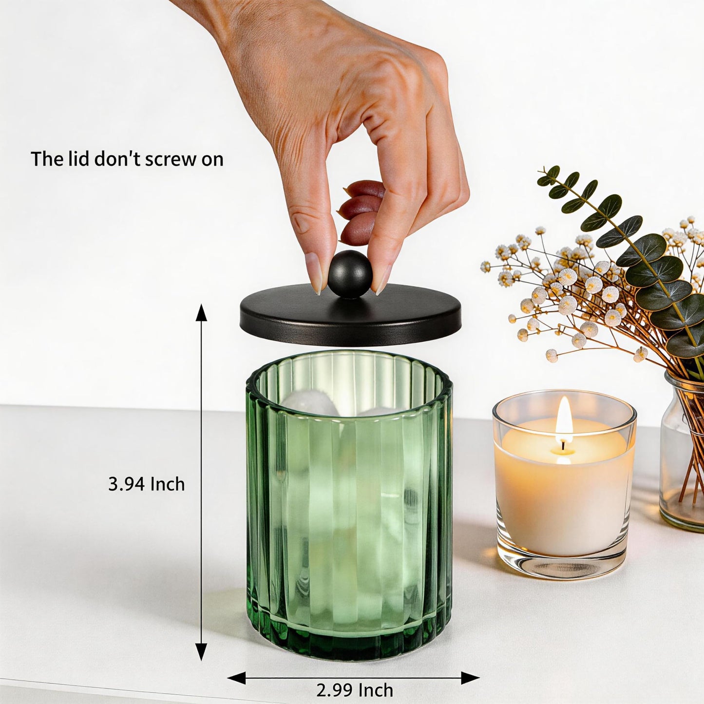 Amolliar Sage Green Glass Apothecary Jar, Qtip Holder Dispenser for Cotton Swabs, Balls, Makeup Pads, Floss Picks, Bathroom Essential Accessories, Countertop Canister Storage Organizer (Black, 4 Pack)