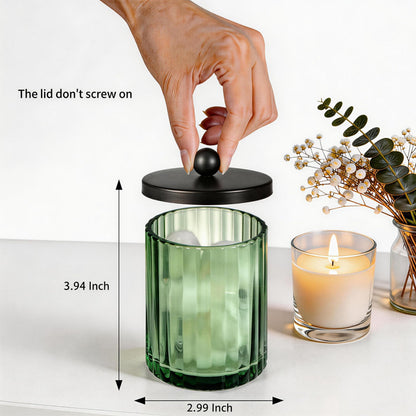 Amolliar Sage Green Glass Apothecary Jar, Qtip Holder Dispenser for Cotton Swabs, Balls, Makeup Pads, Floss Picks, Bathroom Essential Accessories, Countertop Canister Storage Organizer (Black, 4 Pack)