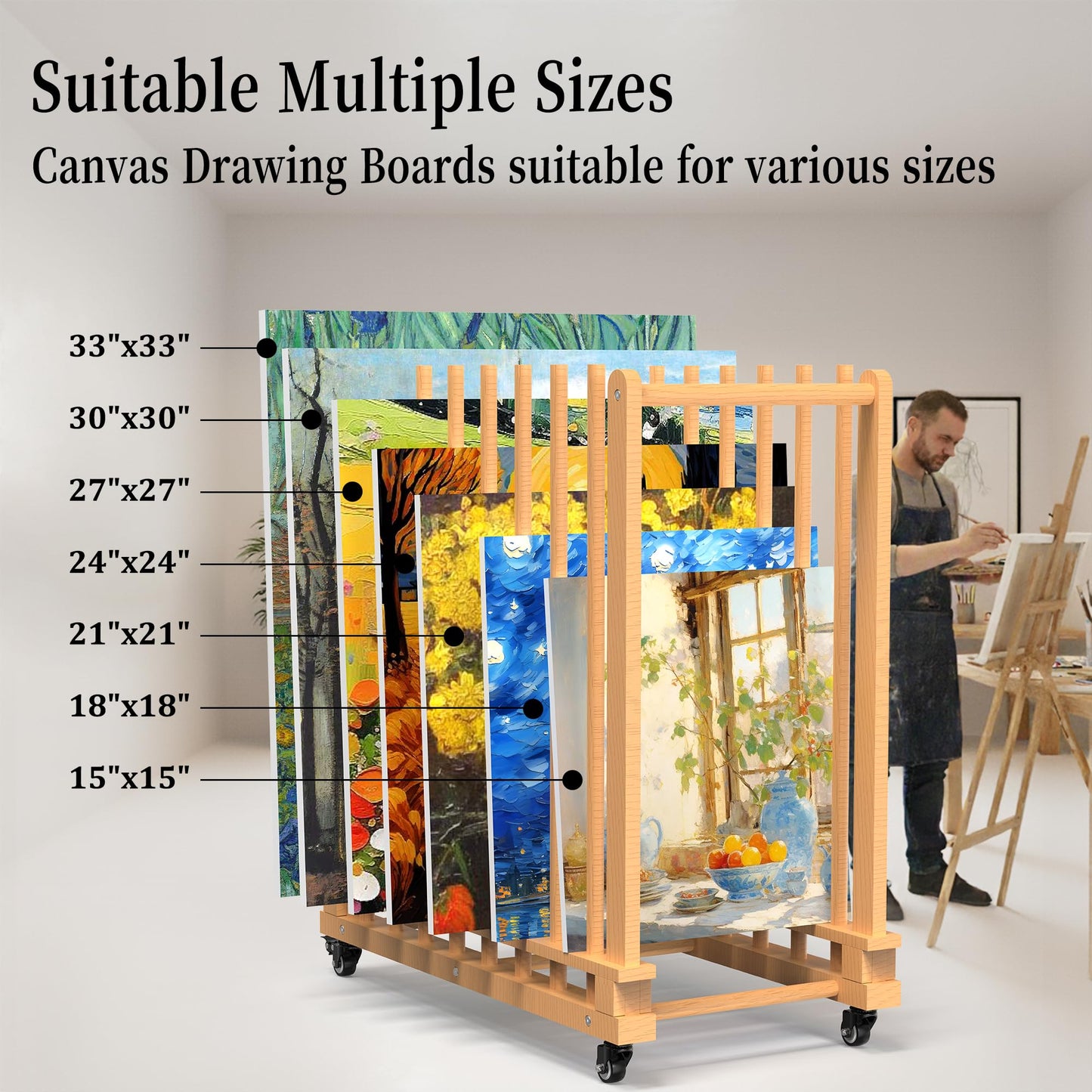 Tredre Art Storage Rack with Double-Handles & Wheels, Beech Wooden Canvas Storage Stand, Art Drying Rack with Quick-Insert Rods for Drawing Board, Panel, Paper Pad for Art Studios, Artworks, Gallery