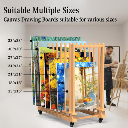 Tredre Art Storage Rack with Double-Handles & Wheels, Beech Wooden Canvas Storage Stand, Art Drying Rack with Quick-Insert Rods for Drawing Board, Panel, Paper Pad for Art Studios, Artworks, Gallery