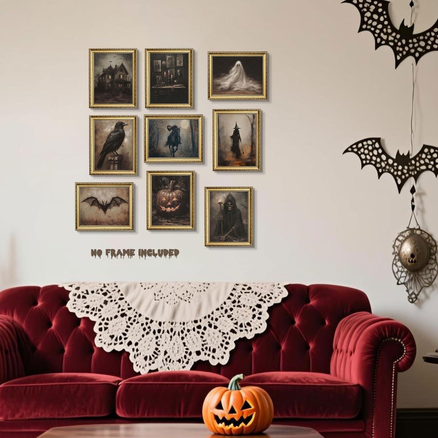 Halloween Posters Wall Art Set of 9, Dark Academia Headless Horseman Wall Decor, Gothic Moody Ghost Paintings, Spooky Witch Raven Canvas Prints Pictures for Living Room Bedroom 8x10 Inch Unframed