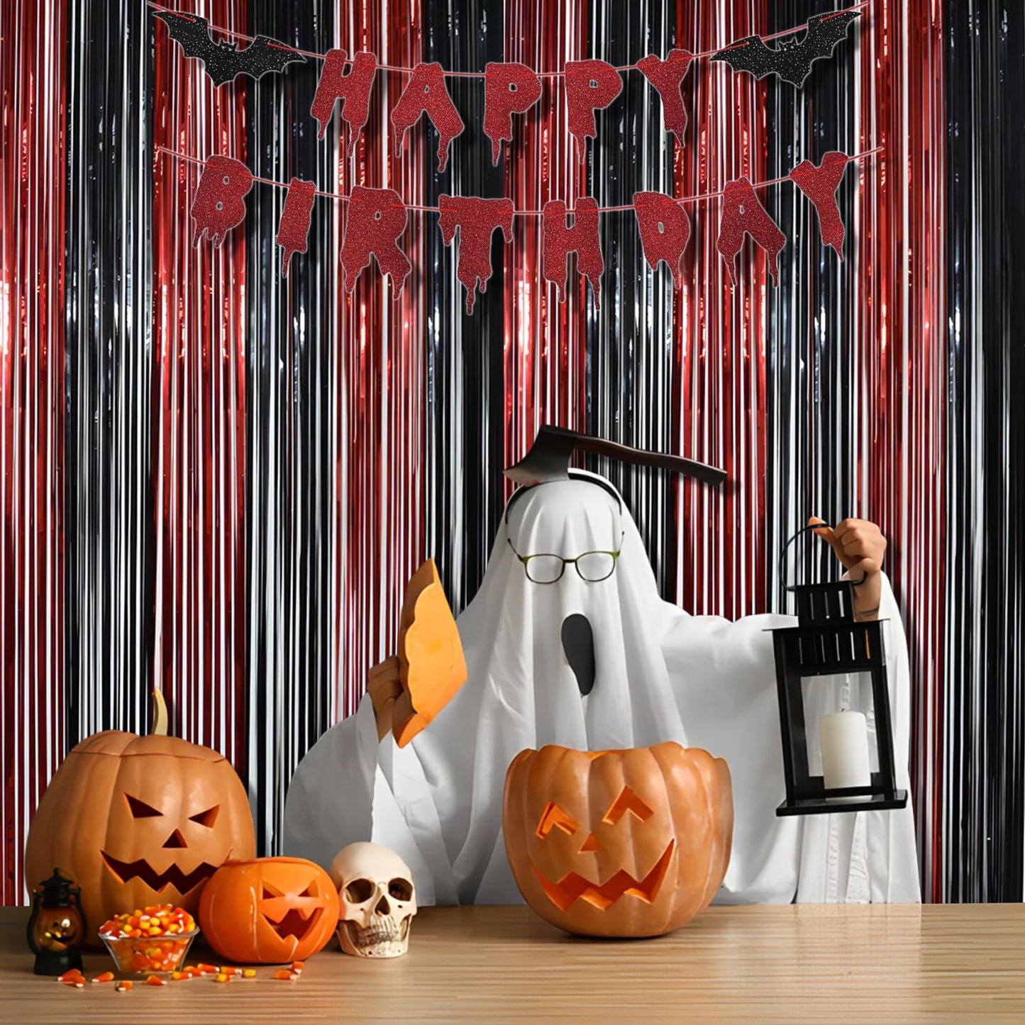 BRAVESHINE Tinsel Photo Backdrop Curtains - 2 Pack 3.2x8.2ft Black Red Foil Fringe Streamer Curtain for Graduation/Stranger/Men/Birthday/Bachelorette/Anniversary/Home/Office/Indoor/Outdoor Decorations