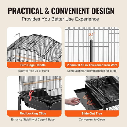 VEVOR 64-inch Open Top Large Parrot Bird Cage with Detachable Rolling Stand for Parakeets Finches Canaries Lovebirds Cockatiels Budgies Small Quaker Conures Flight Birdcage with Swing and Perch