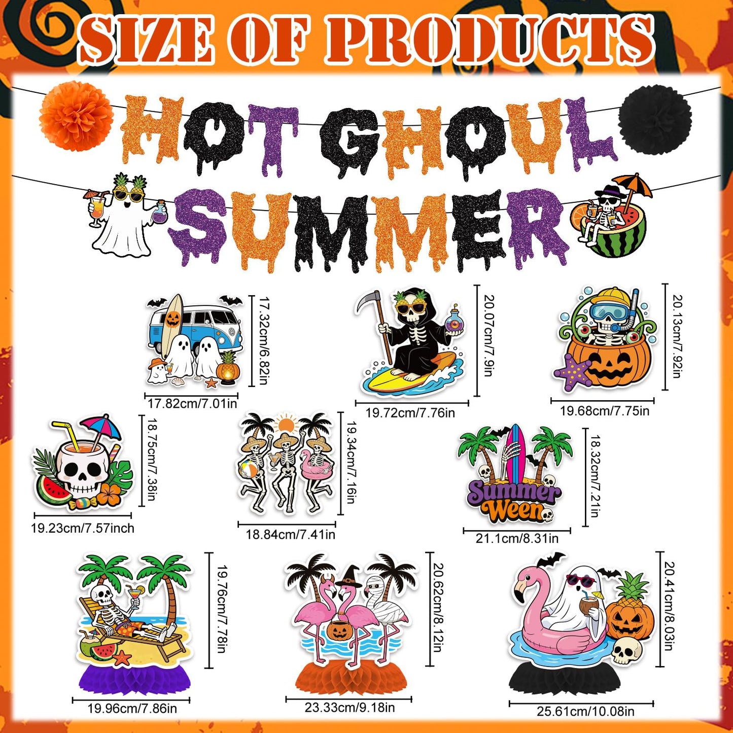 Musaeva Happy Summer Ween Party Decorations, 19PCS Summer Halloween Banners with Hanging Swirls Decorations, Hot Ghoul Paper Fans with Paper Poms Decor for Hallows' Eve Ghost Supplies