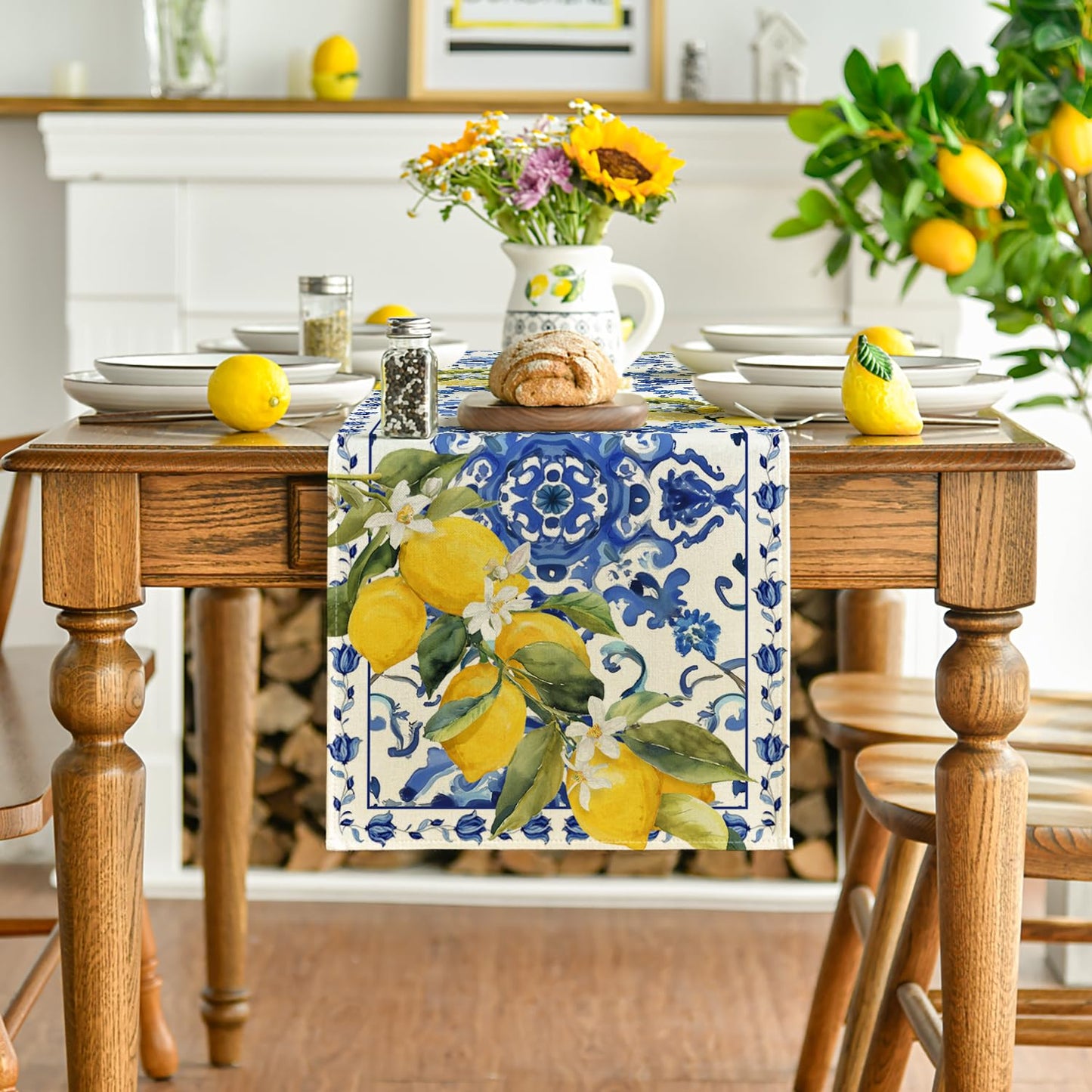 Artoid Mode Lemon Blue and White Porcelain 210 GSM Summer Table Runner, Seasonal Spring Kitchen Dining Table Decoration for Home Party Decor 13x72 Inch