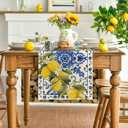 Artoid Mode Lemon Blue and White Porcelain 210 GSM Summer Table Runner, Seasonal Spring Kitchen Dining Table Decoration for Home Party Decor 13x72 Inch