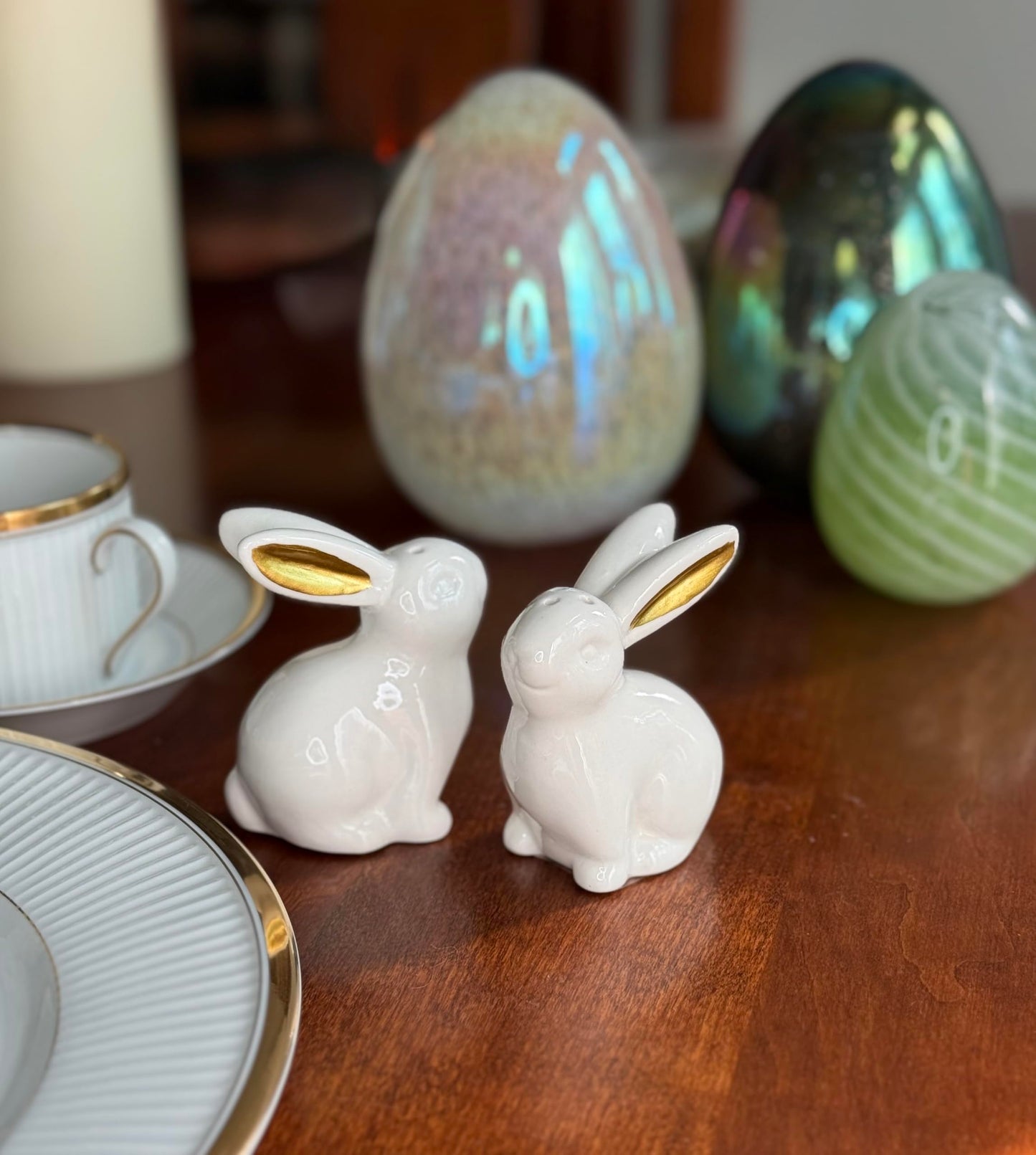 White Ceramic Easter Bunny Salt and Pepper Shaker Set with Gold Metallic Ears, 3" High, 2 Piece with Gift Box