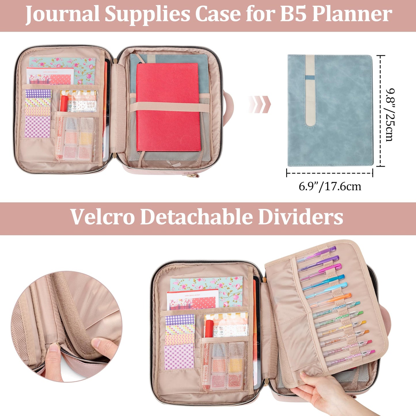 Teamoy Journal Supplies Storage Case, Journal Supplies Holder with Detachable Pen Slots, Travel Organizer Holder for B5 Notebooks, Planner, Pens, Journal Supplies and Accessories, Pink Quilted