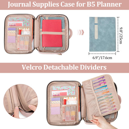Teamoy Journal Supplies Storage Case, Journal Supplies Holder with Detachable Pen Slots, Travel Organizer Holder for B5 Notebooks, Planner, Pens, Journal Supplies and Accessories, Pink Quilted
