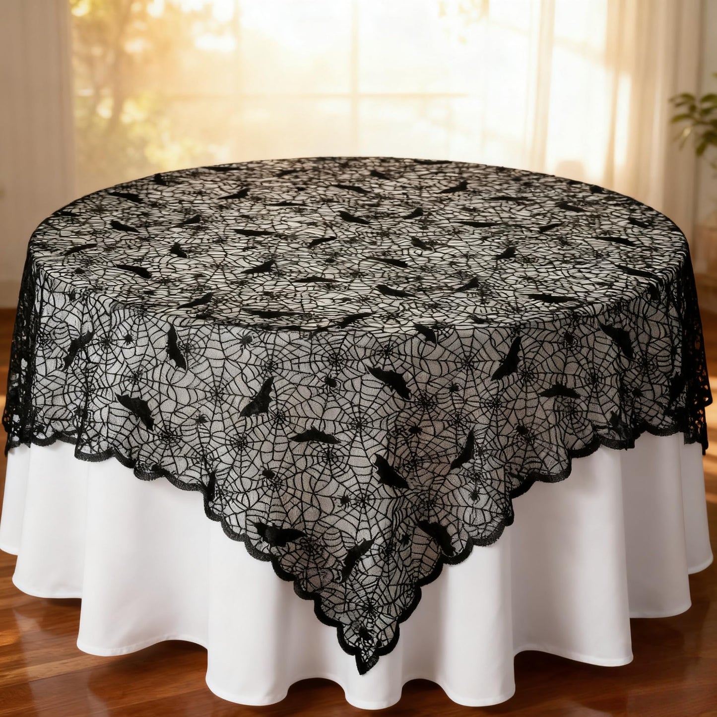 Mluiov Halloween Tablecloth Lace Black Bat Spider Web Decorations Halloween Party Fall Table Cloth Gothic Decor Round Table Cover, 70 Inch