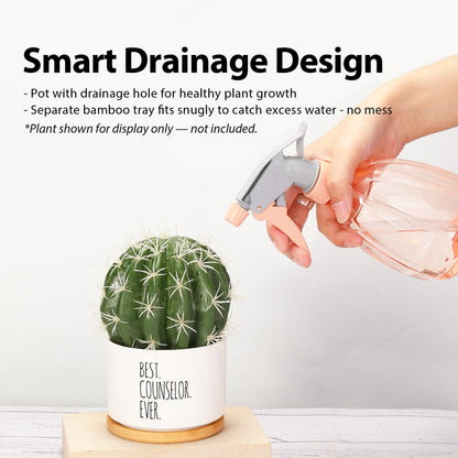 Best Counselor Ever Counselor Gifts Ceramic Succulent Plant Pot with Bamboo Tray Round Mental Health Therapist School Counselor Psychologist Home Office Decor Plant Lover 3.5 Inch White (No Plants)