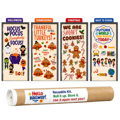 Hello Hallway Classroom Door Decorations for Teachers Seasonal Holiday 4-Pack Value | Peel & Stick Reusable Door & Whiteboard Decor | Preschool Pre-K Kindergarten | Teacher Supplies