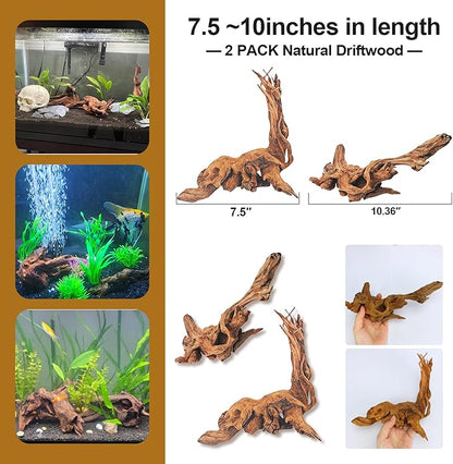 Natural Driftwood Decor for Aquarium Decorations Reptile Tank Accessories, Assorted Wood Branches Decorations on Reptile Fish Tank 2-10" 2 Pcs/4 Pcs/ 5 Pcs/ 6 Pcs (Pack of 2 (7.5 to 10 Inch))