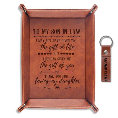 INNObeta Son in Law Gifts Valet Tray from Dad, Mom, Desktop Storage Organizer PU Leather Bedside Tray Key Coin Holder for Birthday, Christmas