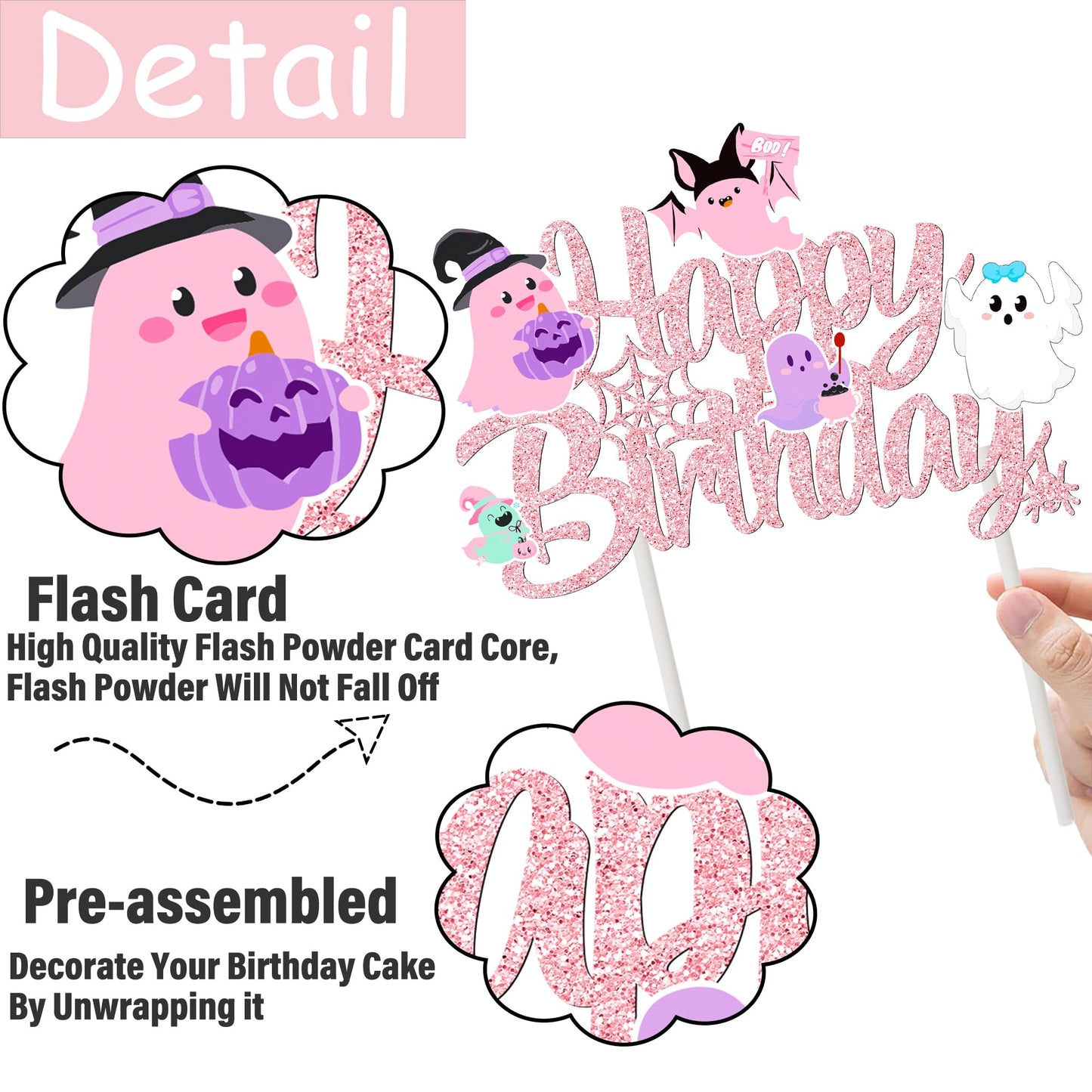 Ghost Birthday Cake Topper Pink Glitter Halloween Birthday Party Decorations Lovely Ghost Cake Picks Ghosts Theme Cake Decorations for Happy Boo Day Party Supplies