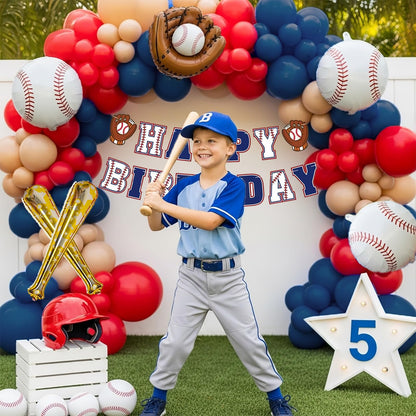 Baseball Birthday Party Decorations Navy Blue Red Nude Balloon Arch With Baseball Bat & Glove Balloons and Happy Birthday Banner For Sports Rookie year 1st birthday Baby Shower Supplies Decoration