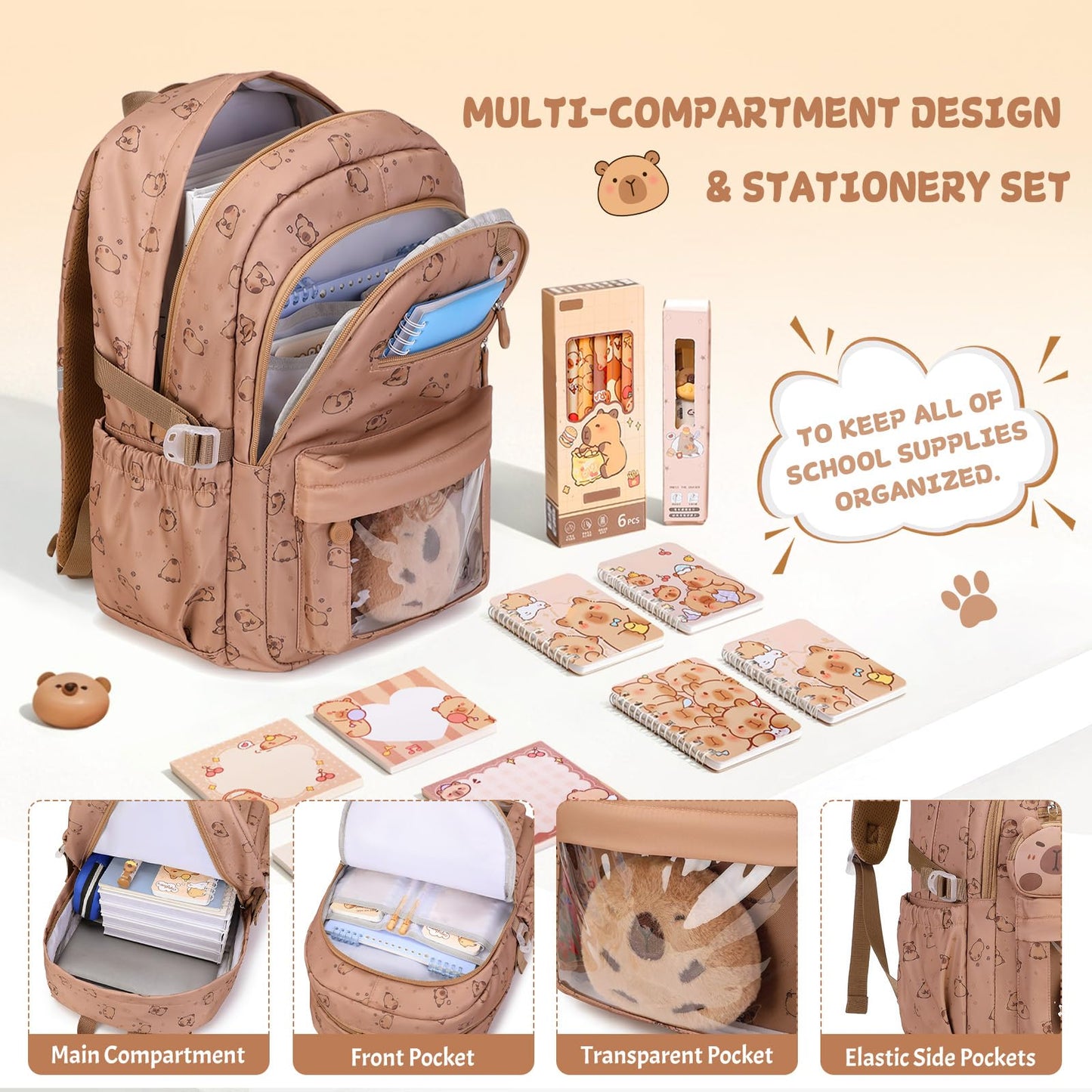 Similove Capybara Theme Backpack for School Girls, 35PCS Kids Backpack Set with School Supplies Stationery Kit Lunch Box Pencil Case, Cute Girls Bookbag for Kindergarten Elementary Student