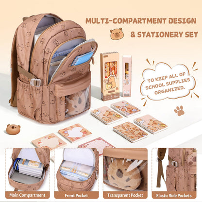 Similove Capybara Theme Backpack for School Girls, 35PCS Kids Backpack Set with School Supplies Stationery Kit Lunch Box Pencil Case, Cute Girls Bookbag for Kindergarten Elementary Student