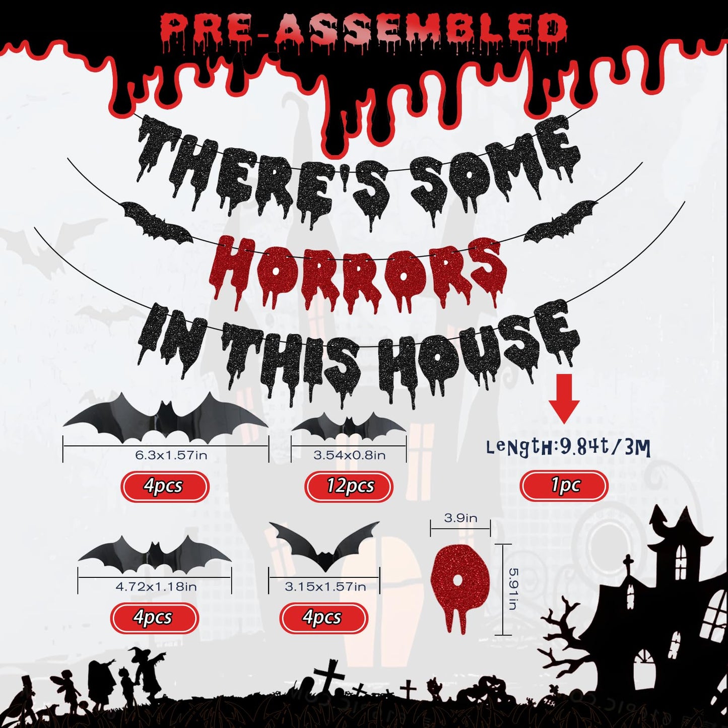 Halloween Party Decorations, There's Some Horrors in This House Banner - Fufuddz Funny Glitter Bloody Scary Happy Birthday Garland with Bat Stickers Trunk or Treat Bachelorette Supplies