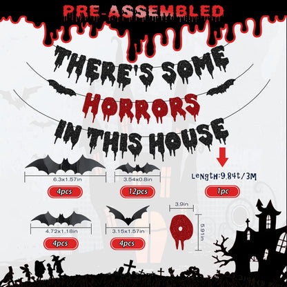Halloween Party Decorations, There's Some Horrors in This House Banner - Fufuddz Funny Glitter Bloody Scary Happy Birthday Garland with Bat Stickers Trunk or Treat Bachelorette Supplies