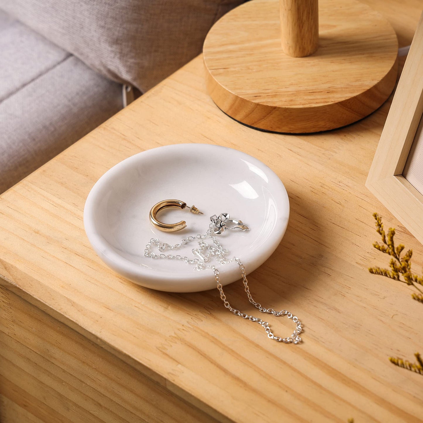 Natural Marble Travertine Ring Dish Jewelry Tray 5.5" for Women, Marble Trinket Dish for Key Earring Nightstand, Mother's Day Engagement Birthday Gift - Italian White