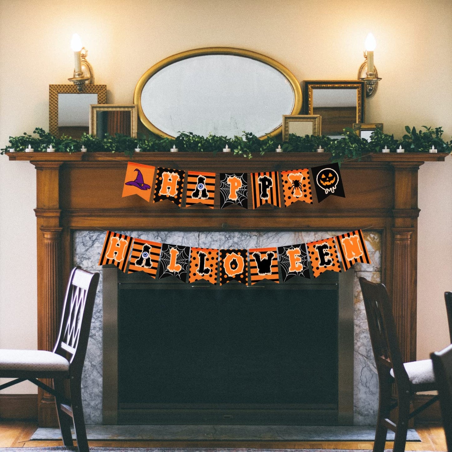 rogeramz Happy Halloween Banner Hanging Fireplace Halloween Banner Black Orange Spider web theme Home Decor Party Decoration