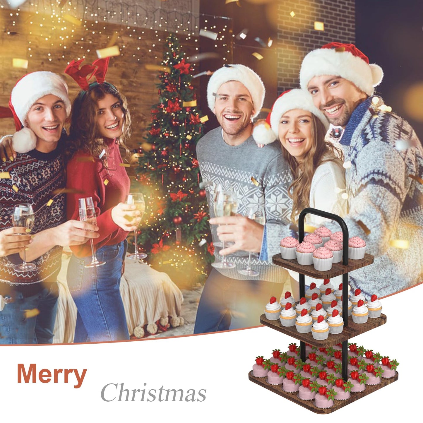 VyGrow Cupcake Stand, 3-Tier Dessert Stand for 32 Cupcakes, Wood & Metal Tower Display Premium Holder Dessert Tree Tower for Christmas Birthday Weddings Party Decor, Serving Tray, Wood Brown