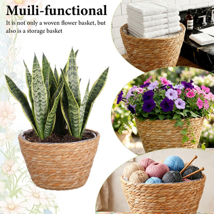 Leooomap 2 Pack Straw Woven Plant Basket with Plastic Liner, Natural Rattan Flower Pot Cover for Indoor Potted Plants, Farmhouse Boho Home Floor Decor - 9.04x9.04x6.48 Inches