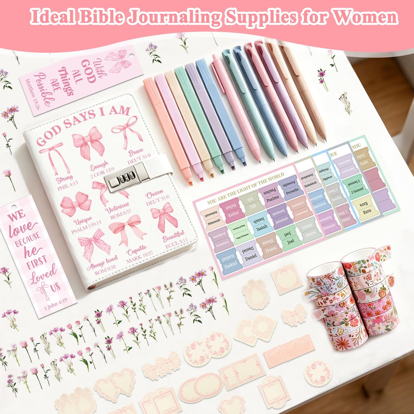 Bible Journaling Kit for Women Teen Girls, 102PCS Bible Study Supplies, Christian Gifts for Women, Bible Journal with Lock, No Bleed Highlighters, Bible Tabs, Stickers, Bible Study Kit Prayer Journal