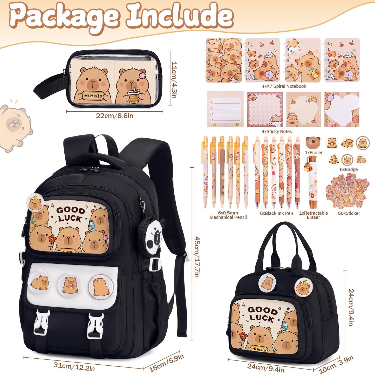 Similove Backpack for School Girls, 30PCS Gifts School Supplies Stationery Set with Lunch Box Pencil Case Pens Pencils Notebook Cartoon Gifts for Kindergarten Elementary Student(Black)