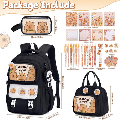 Similove Backpack for School Girls, 30PCS Gifts School Supplies Stationery Set with Lunch Box Pencil Case Pens Pencils Notebook Cartoon Gifts for Kindergarten Elementary Student(Black)