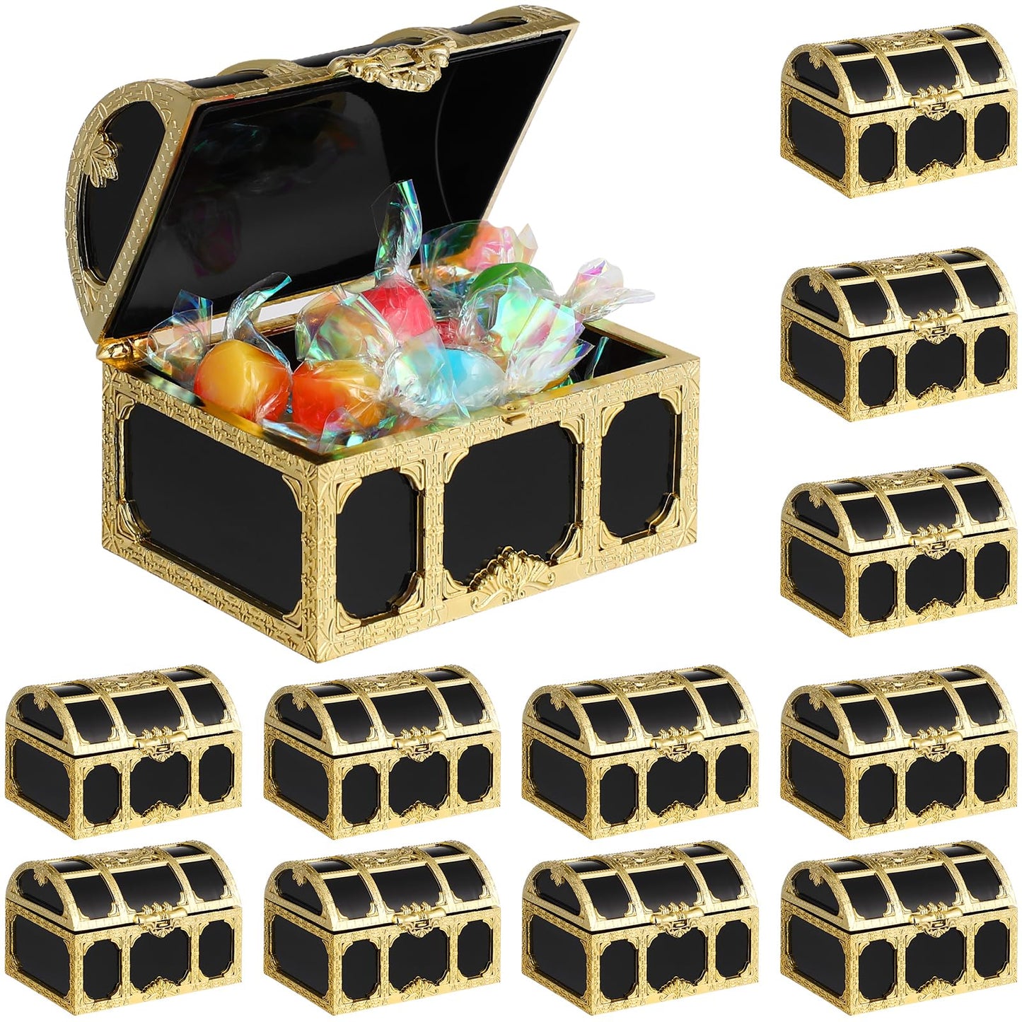 Veemoon 12 Pack Pirate Chest Storage Boxes Plastic Mini Treasure Chests 2.95X2.12X1.96In Waterproof Decorative Pirate Sugar Box for Party Favors Cake Decorations and Kids Pretend Play