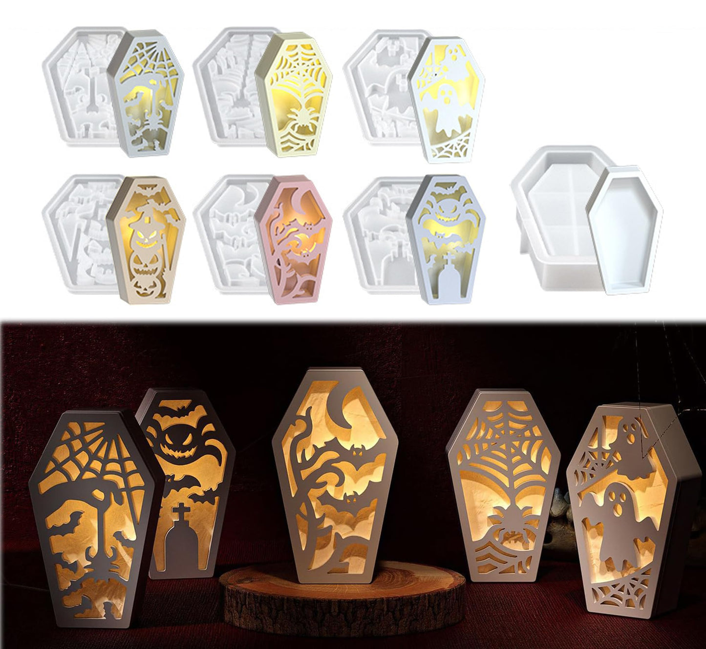 MUAECH 7 Packs Halloween Epoxy Resin Soft Silicone Molds, DIY Casting Halloween Coffin Trinket Box, Ghost, Spider, Bat, Pumpkin Plaster Mold, Handmade Art Craft Jewelry Storage Box Candle Stand Mould