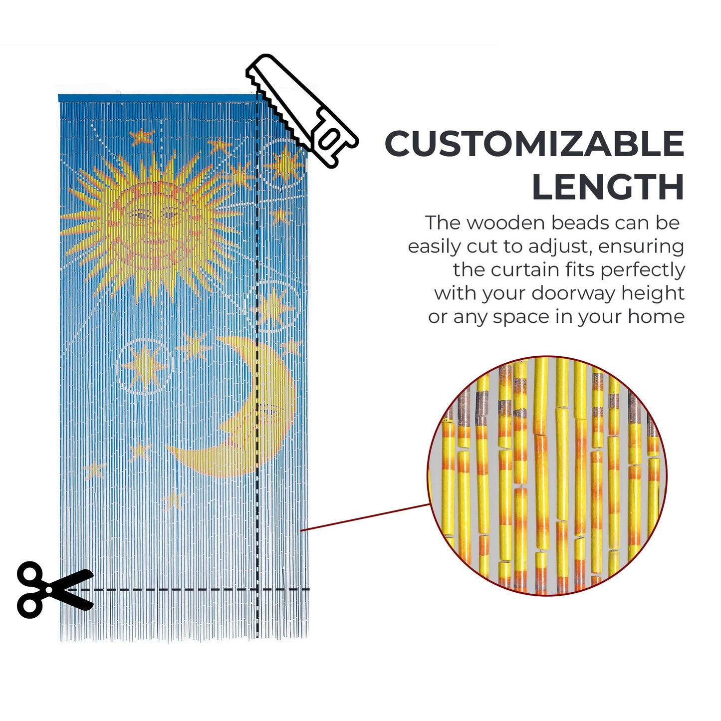 Moon & Sun Beaded Wooden Curtain - Durable Natural Wood Beads for Doorways & Home Decor, Handcrafted, Ideal for Boho-Style Interiors (79'' L x 36'' W)