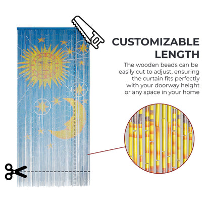 Moon & Sun Beaded Wooden Curtain - Durable Natural Wood Beads for Doorways & Home Decor, Handcrafted, Ideal for Boho-Style Interiors (79'' L x 36'' W)