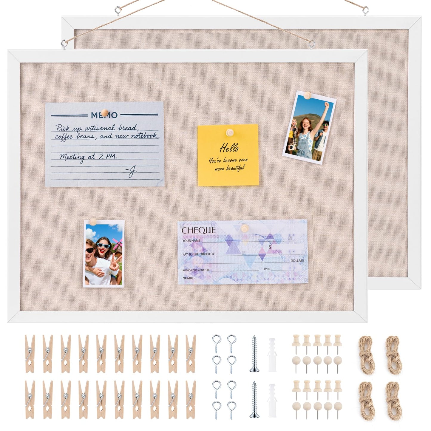 OWLKELA 13.3"x17.7" inch Bulletin Board with Linen 2 Pack, White Wood Style Frame, with 20 Pushpins, Linen Cork Board, Ideal for School, Home & Office