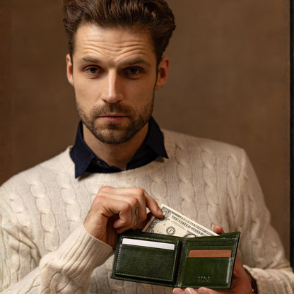 Time Resistance Leather Wallet – Italian Handmade Minimalist Design Wallet - Billfold Credit Card and Cash Holder (Green)