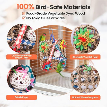 Cockatiel Toys, Extra Large Natural Seagrass Shredding Mat, Rattan & Wood Finger Traps Bird Toy for Parakeets, Budgies, Conures, Lovebirds - Parrot Enrichment Activity Center for Boredom Relief