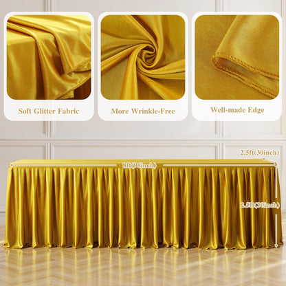 8FT Gold Satin Tablecloths for Rectangle Tables - Shiny Spandex Party Table Cover with Pleated Table Skirt, No-Wrinkle & Glossy Wedding Tablecloth One-Piece for Birthday Baby Shower Banquet Ceremony