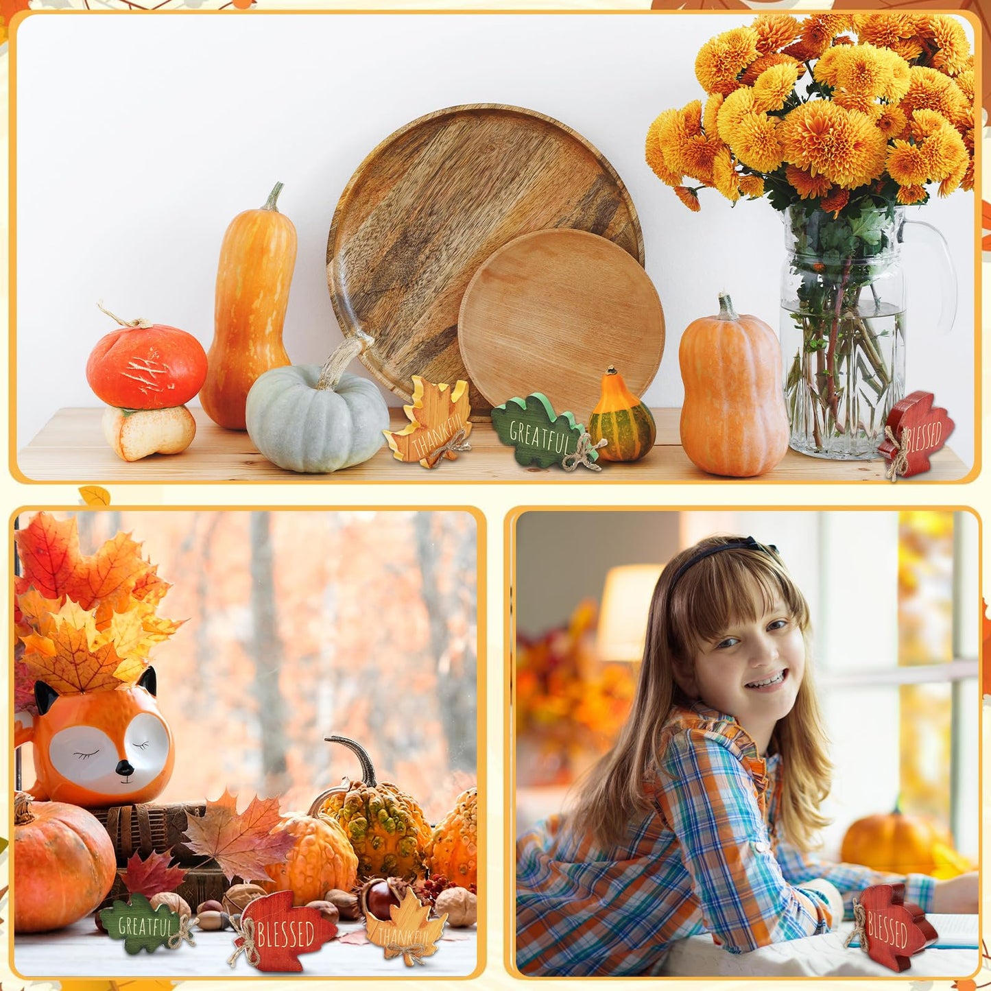 FYSUIMU 3 Pcs Fall Leaves Wood Table Sign Maple Leaf Thankful Tiered Tray Decor Thanksgiving Table Centerpieces Blessed Grateful Wooden Blocks for Autumn Home School Office Desk Decor