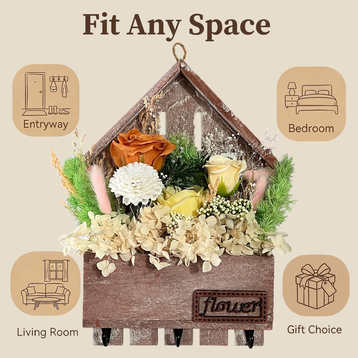 EIGHTOWN Orange Floral Wall Hooks, Farmhouse Wooden House Shape Key Holder with 3 Hooks, Artificial Soap & Dried Flower Decorative Hanger for Entryway, Living Room, Home Decor (Orange)