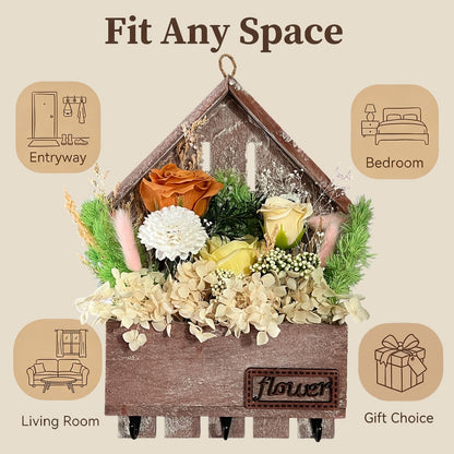 EIGHTOWN Orange Floral Wall Hooks, Farmhouse Wooden House Shape Key Holder with 3 Hooks, Artificial Soap & Dried Flower Decorative Hanger for Entryway, Living Room, Home Decor (Orange)