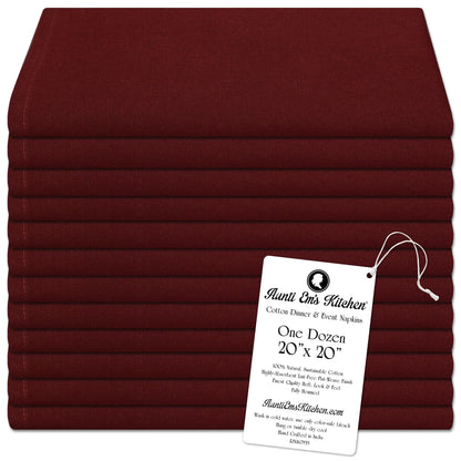 Aunti Em's Kitchen Wine Cotton Napkins Cloth 20 x 20 Oversized 100% Natural Bulk Linens for Dinner, Events, Weddings, Set of 12