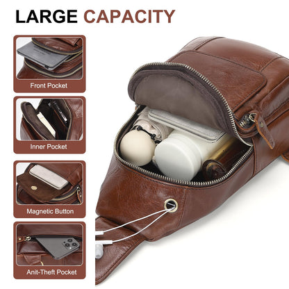 SUIKIHUM Full-Grain Leather Crossbody Bags for Men Women, Vintage Genuine Leather Sling Bag, Trendy Casual Chest Bag, Light Brown